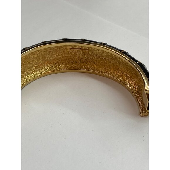 Vintage E. Pearl  Gold-Tone Black & Cream Enamel Hinged Bangle Bracelet With Dia - Picture 10 of 12